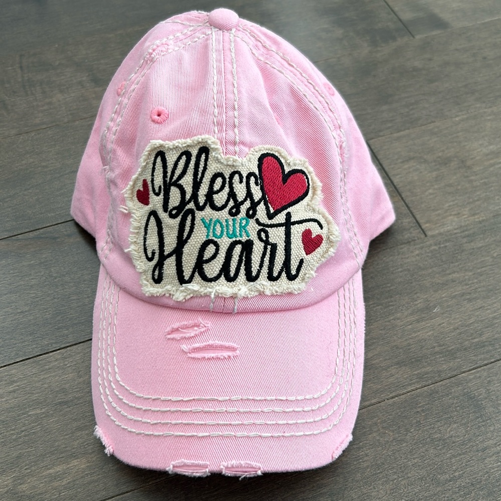 Bless Your Heart Pink Ball Cap, Distressed, Embroidered Patch Fashion Accessory